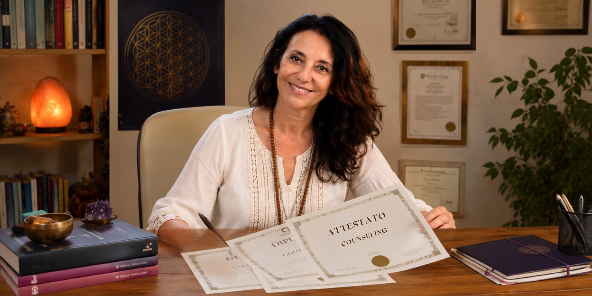 Alba Sali mostra gli attestati di counseling rilasciati al termine del percorso advanced