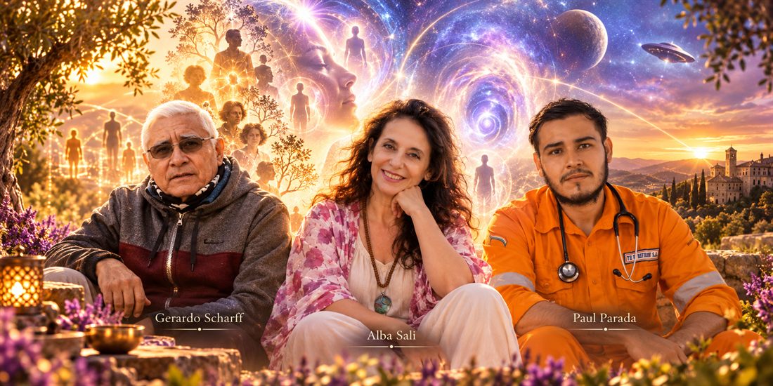Gerardo Scharff, Alba Sali e il dott. Paul Parada davanti a un cielo con galassie e un’astronave: contatti ravvicinati del 5° tipo