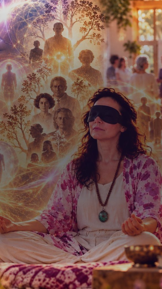 Una donna medita con una mascherina sugli occhi davanti a un albero genealogico di luce e al borgo di Toscolano Umbro al tramonto: Da Matrix alla Coscienza