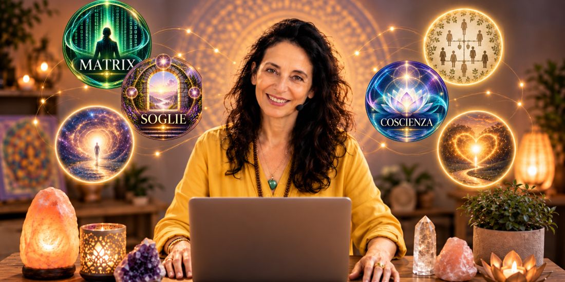 Alba Sali al computer circondata dai simboli di Matrix, Soglie e Coscienza: dove ci spingeremo nei sei giorni