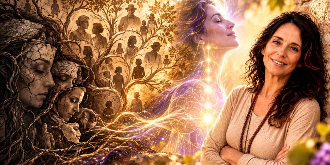 Alba Sali accanto a un albero genealogico di volti e a una figura di luce: ferite, frequenza, risveglio e coscienza