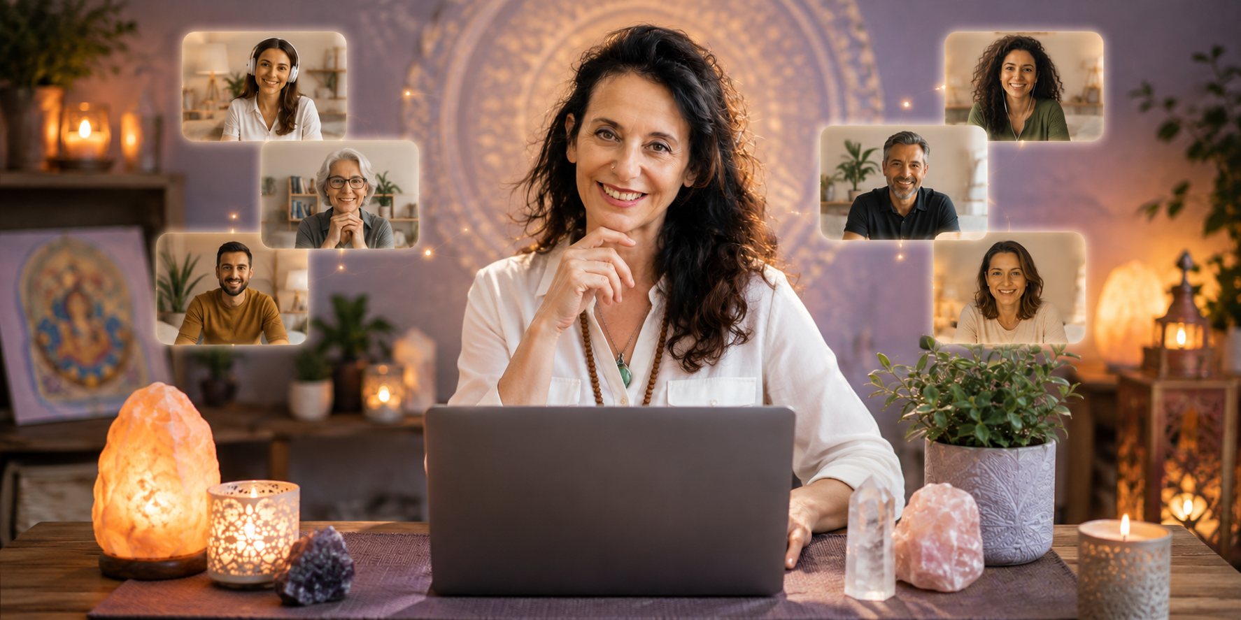 Webinar gratuito online su Zoom: la conduttrice al computer e i partecipanti collegati in videoconferenza