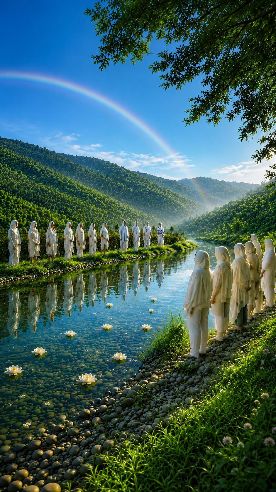 Persone vestite di bianco lungo le rive di uno specchio d’acqua con fiori di loto e un arcobaleno: Passaggio per l’Eternità in Umbria