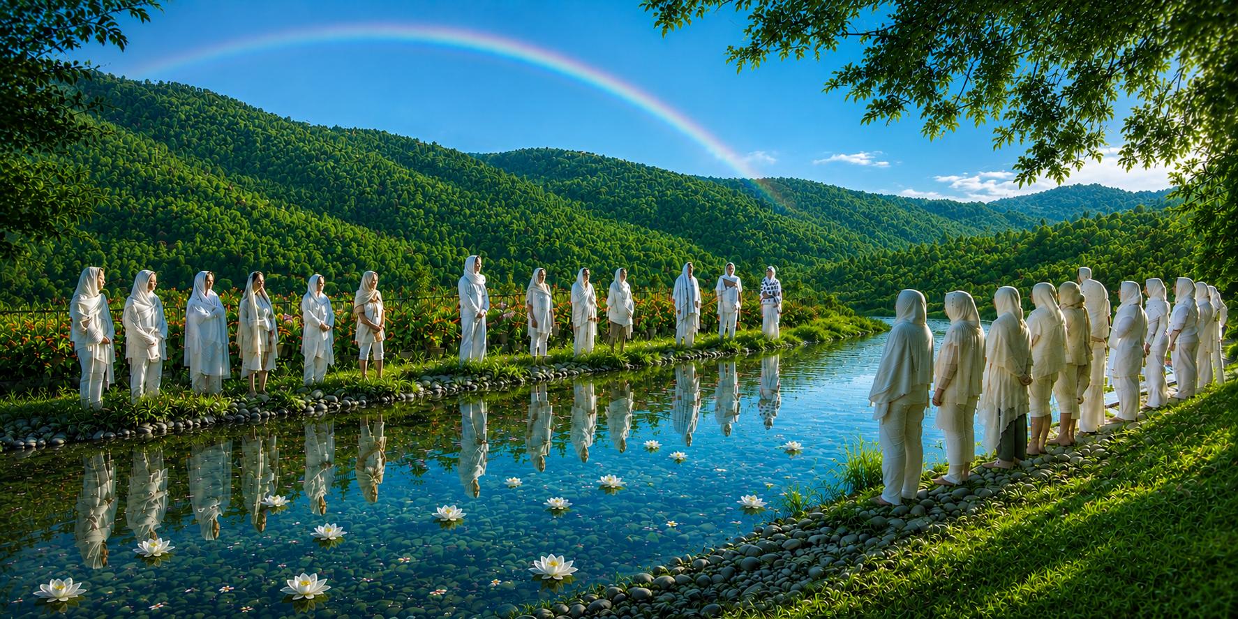 Persone vestite di bianco lungo le rive di uno specchio d’acqua con fiori di loto e un arcobaleno: Passaggio per l’Eternità in Umbria