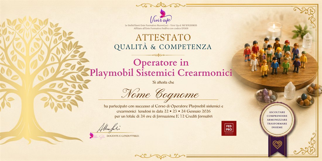 Attestato di qualità e competenza come Operatore in Playmobil Sistemici e Crearmonici certificato da Fedolistica