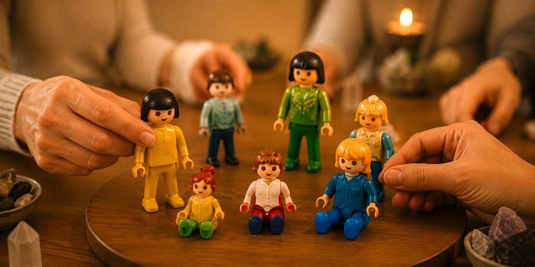 Mani che collocano le figure Playmobil su un vassoio di legno accanto a cristalli e candele