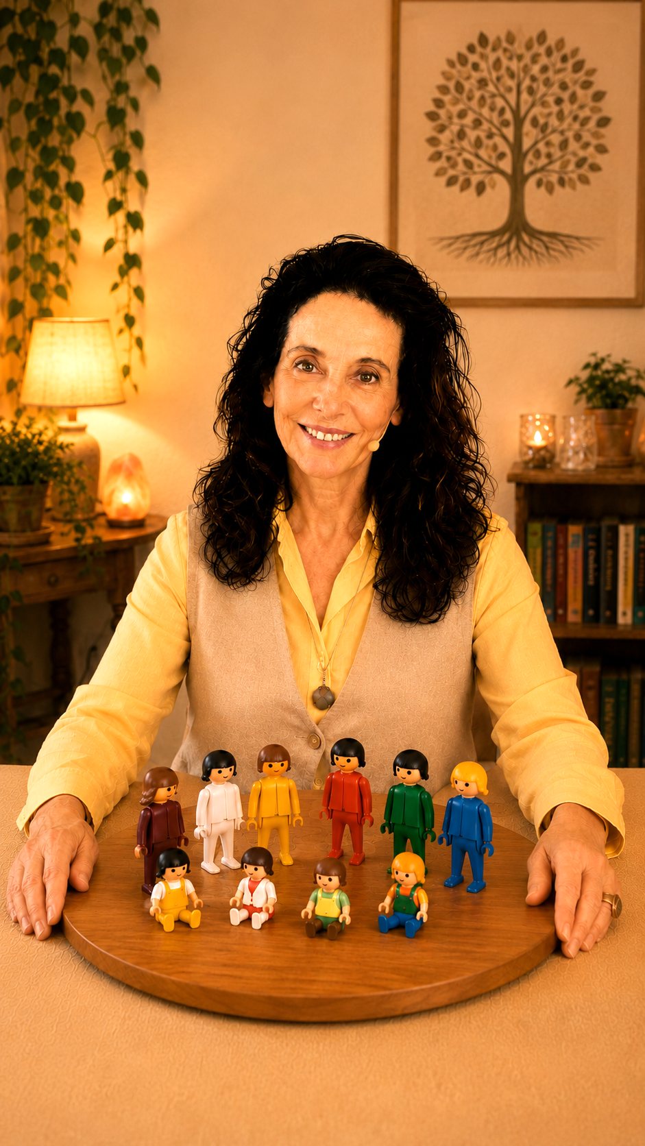 Alba Sali dispone le figure Playmobil su un vassoio girevole durante una Costellazione Familiare Crearmonica